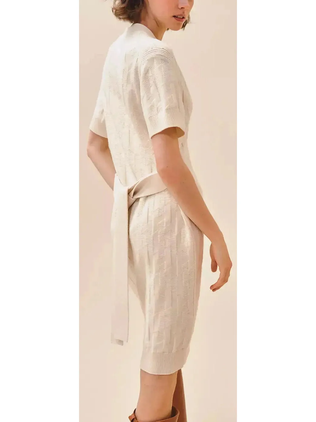 Women’s Belted Embossed Short-Sleeve Knit Dress