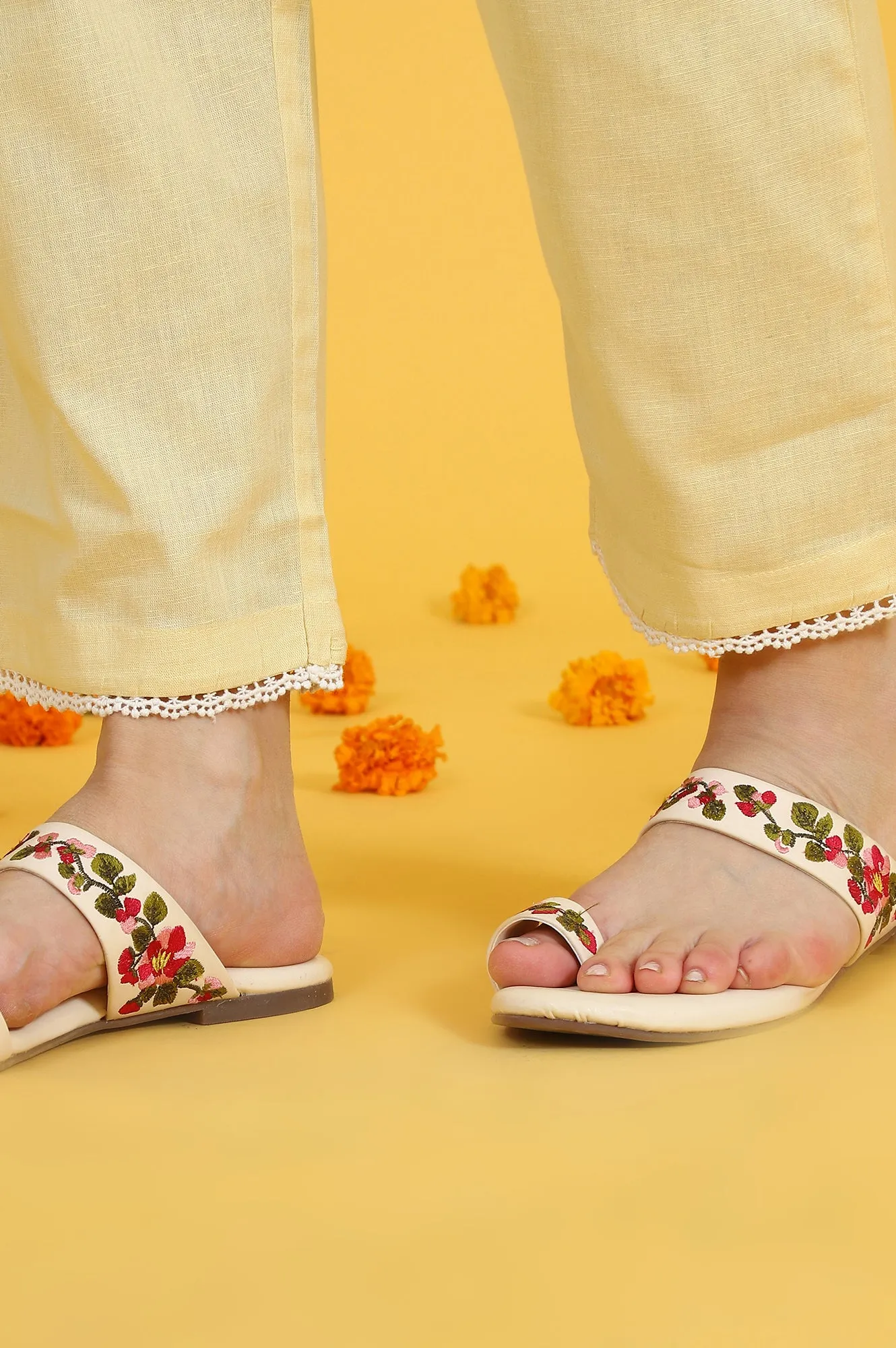 Yellow Embroidered Lace Kota Straight Kurta & Straight Pant With Dupatta Set