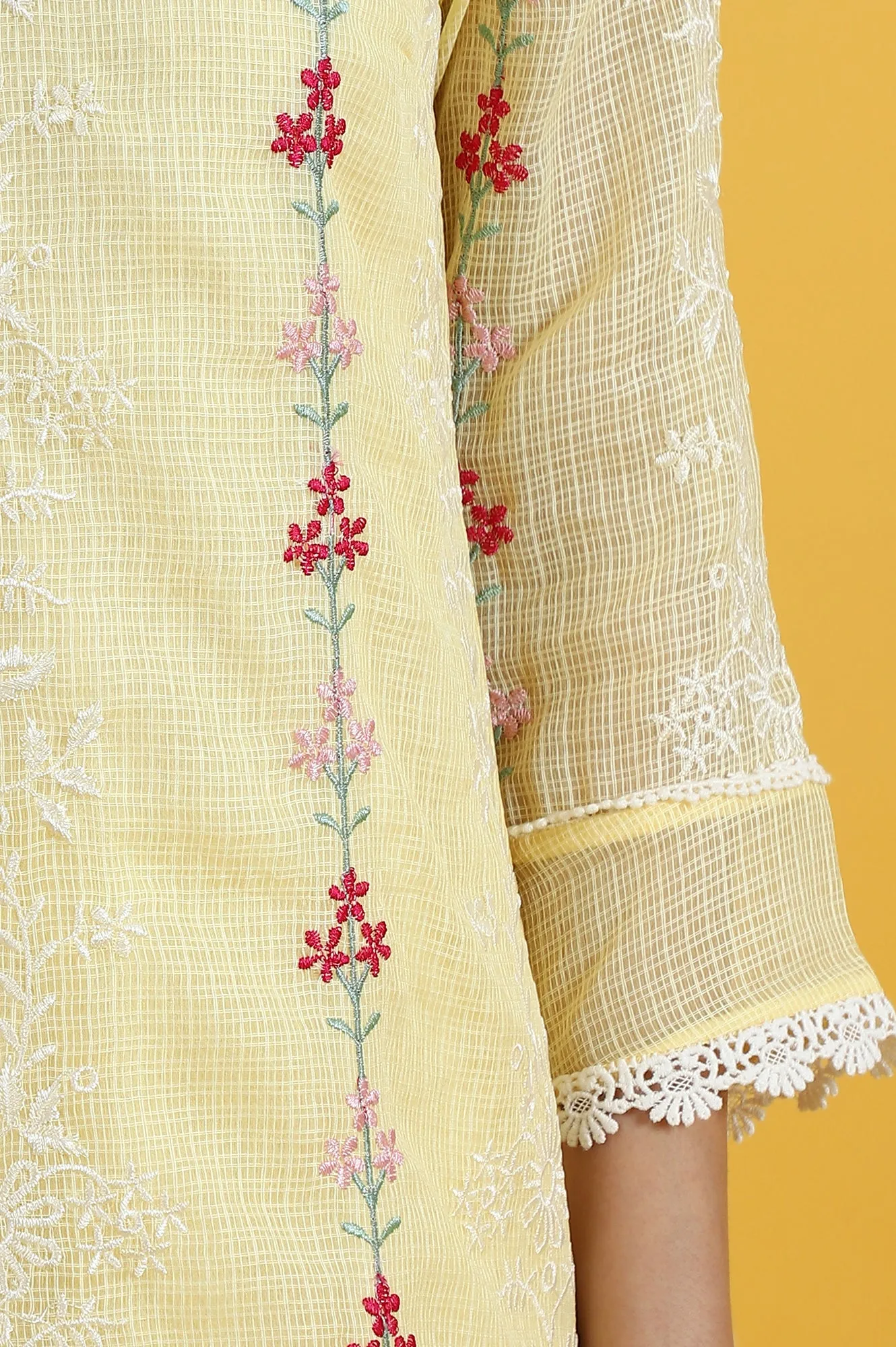 Yellow Embroidered Lace Kota Straight Kurta & Straight Pant With Dupatta Set