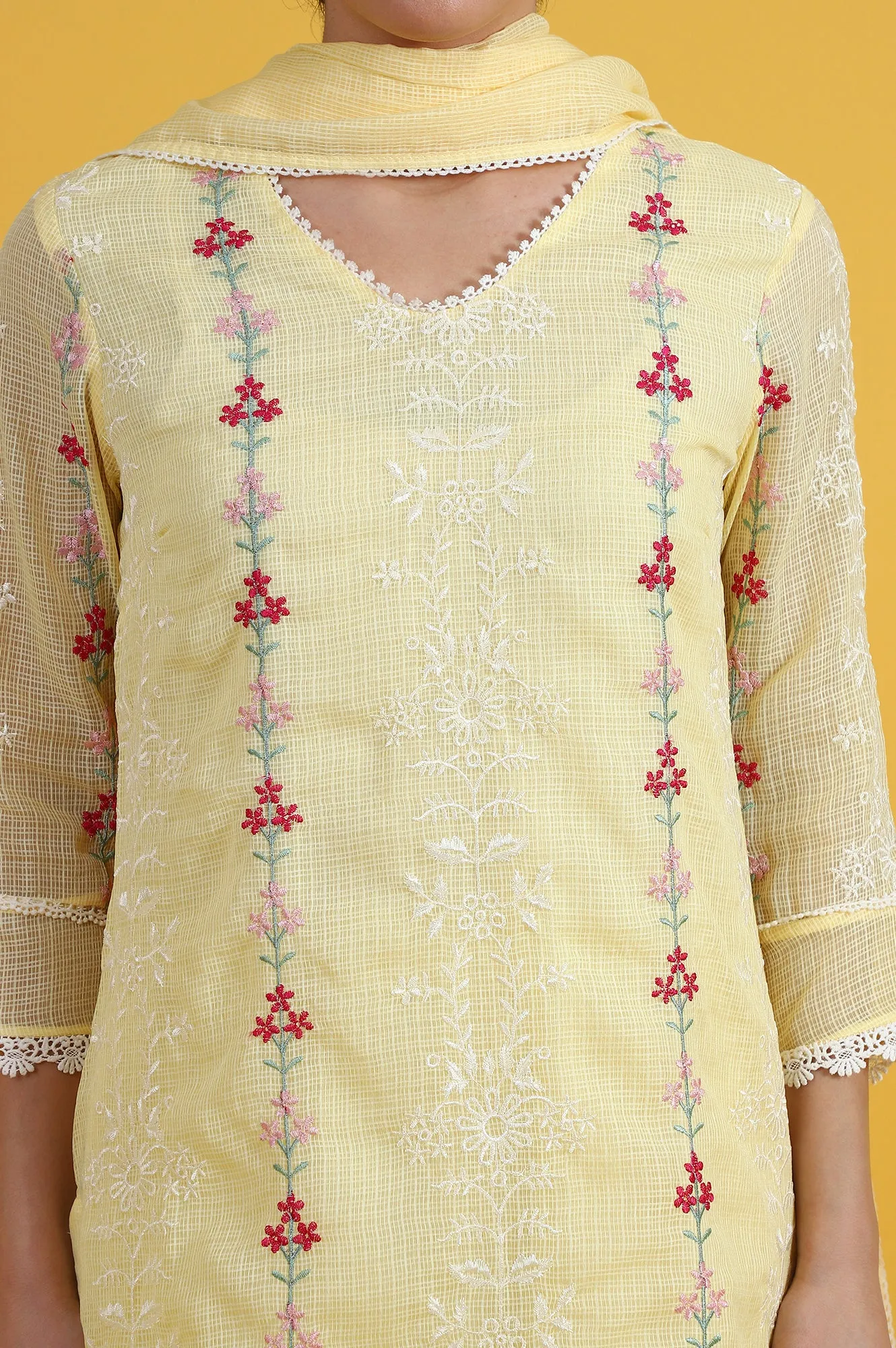 Yellow Embroidered Lace Kota Straight Kurta & Straight Pant With Dupatta Set