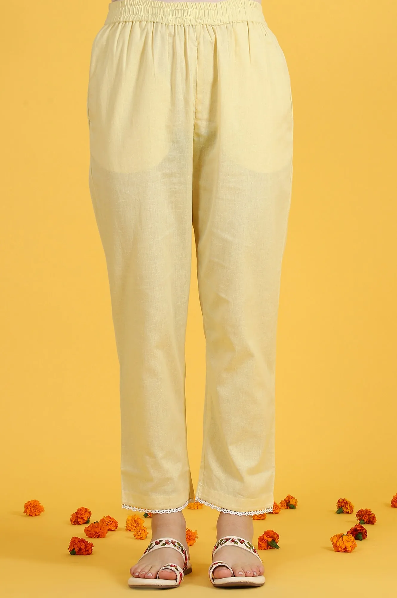 Yellow Embroidered Lace Kota Straight Kurta & Straight Pant With Dupatta Set
