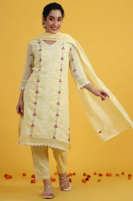 Yellow Embroidered Lace Kota Straight Kurta & Straight Pant With Dupatta Set