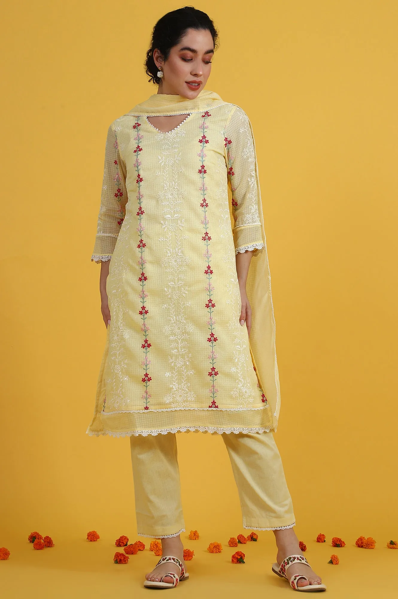 Yellow Embroidered Lace Kota Straight Kurta & Straight Pant With Dupatta Set